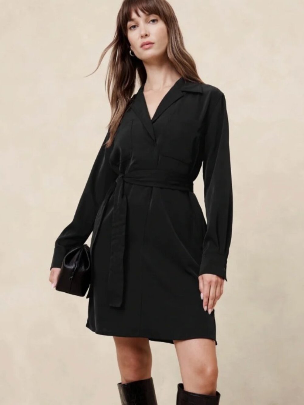 NEW Banana Republic Black Satin Twill Mini Shirt Dress Belted Shift Sz M NWT